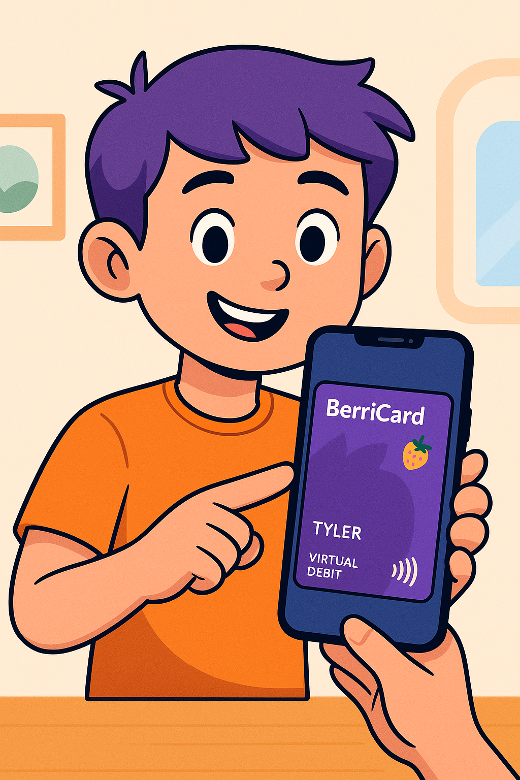 Excited child with purple hair showing personalized BerriCard on smartphone with their name on it