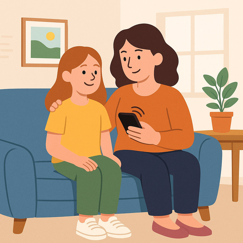 Parent and child sitting together on couch while parent monitors BerriPay account on phone
