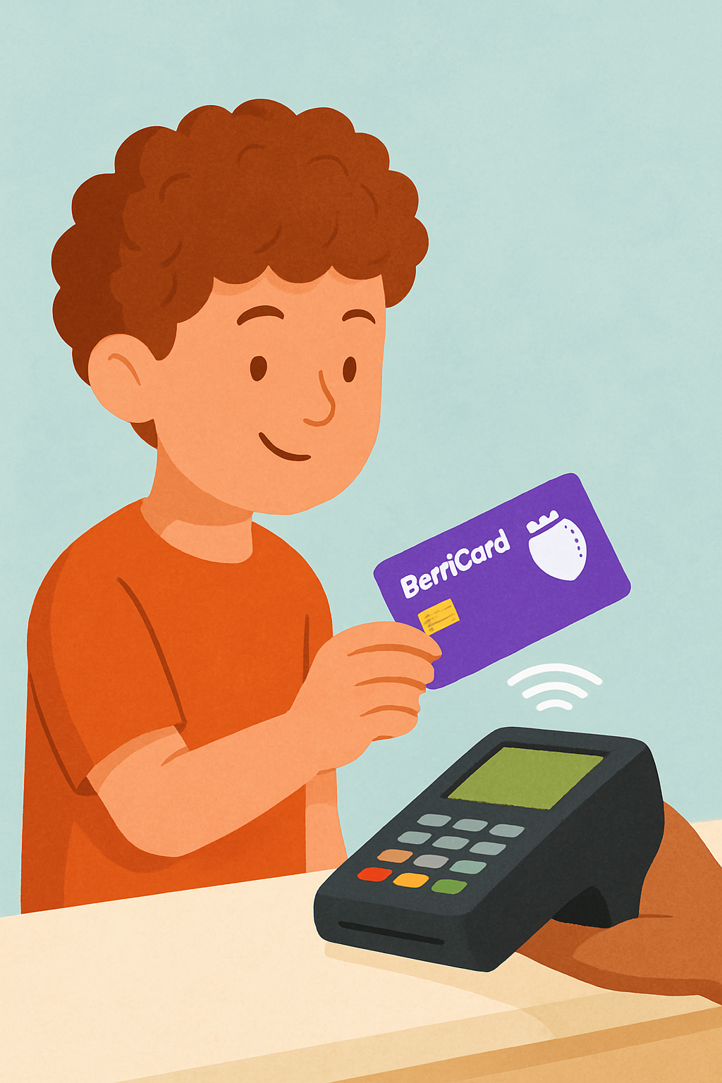 Child using purple BerriCard for contactless payment at a payment terminal