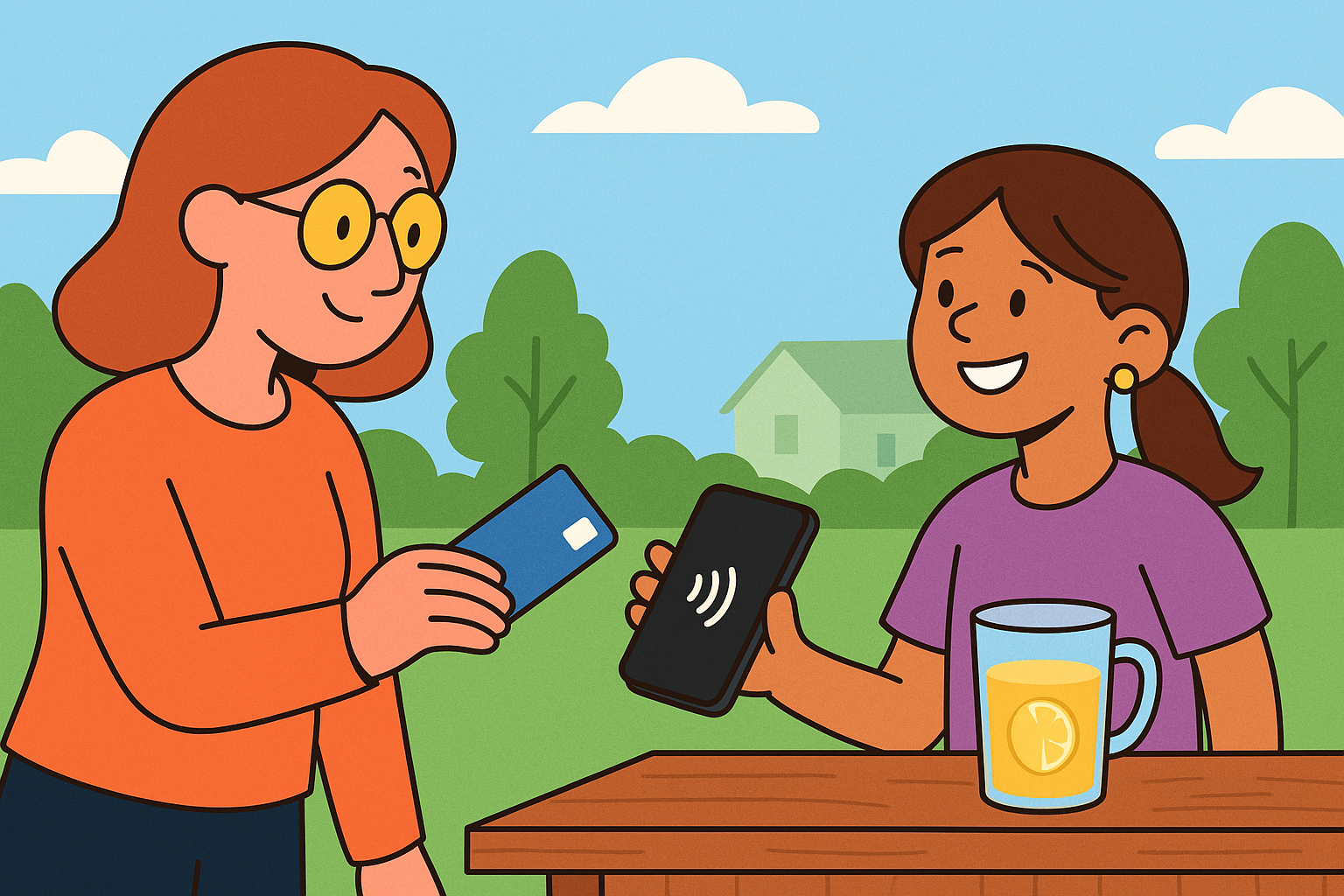 Person tapping payment card to child's phone for contactless payment