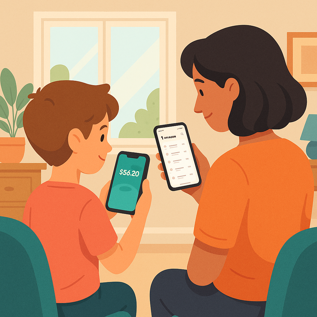 Parent and child looking at their BerriPay apps together - child sees balance while parent monitors activity